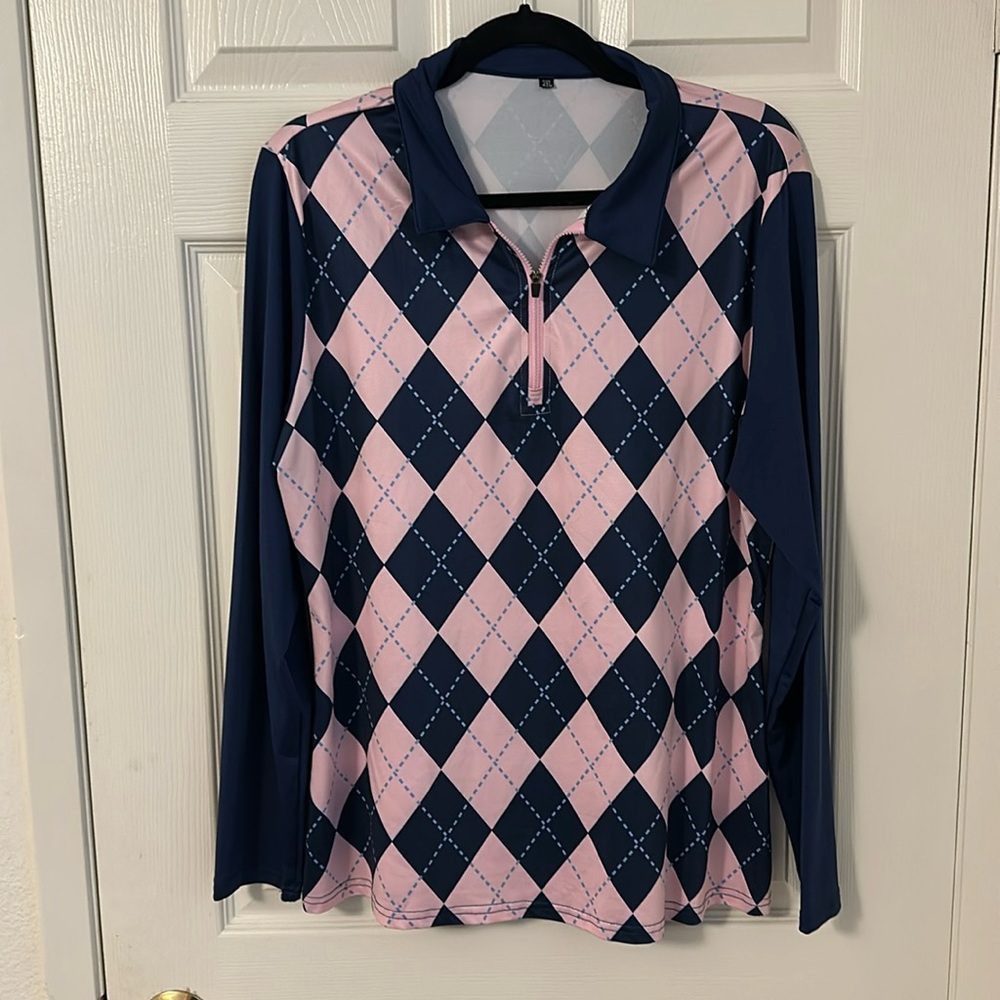 Women’s Plus Size Golf Top Long Sleeves with Collar Pink and Blue Argyle